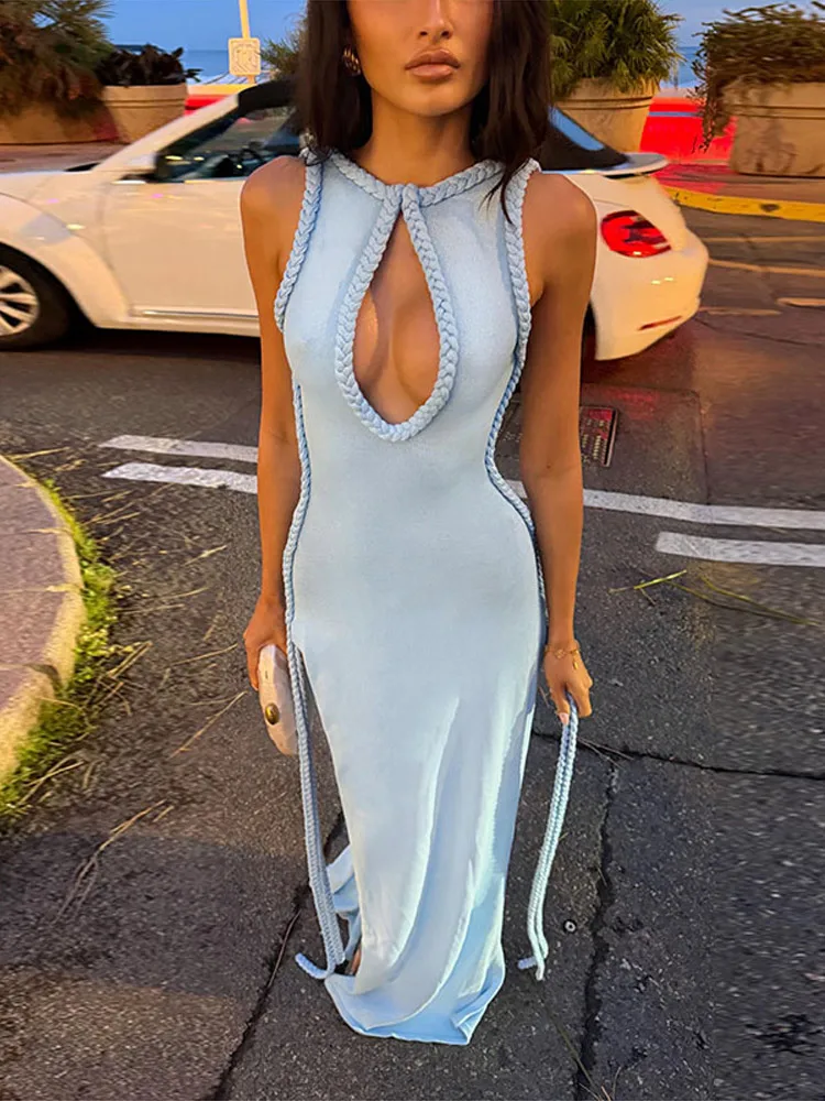 Gedrehtes, ausgeschnittenes, gestricktes langes Kleid für Damen – sexy O-Ausschnitt, ärmellos, rückenfrei, hoher Schlitz, figurbetontes Abendkleid, schickes Vestido – Detail 9