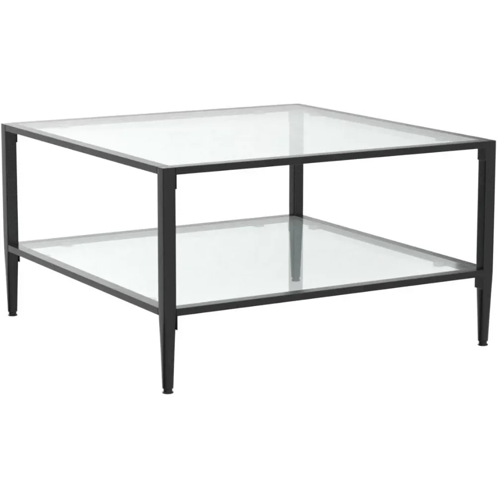 Mesa de café de vidro quadrado com armação de metal, grande 2-Tier Accent móveis, sala e quarto, vidro prateleiras, 32 polegadas