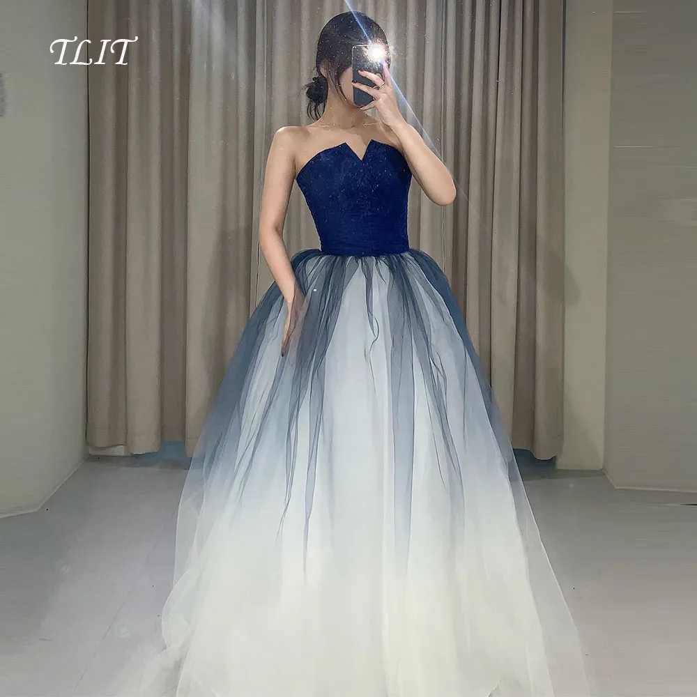 

TLIT Simple Gradient Gem Blue Tulle Вечернее платье이브닝 드레스 Корейские свадебные платья Фотосессия без бретелек Пром платье по индивидуальному заказу