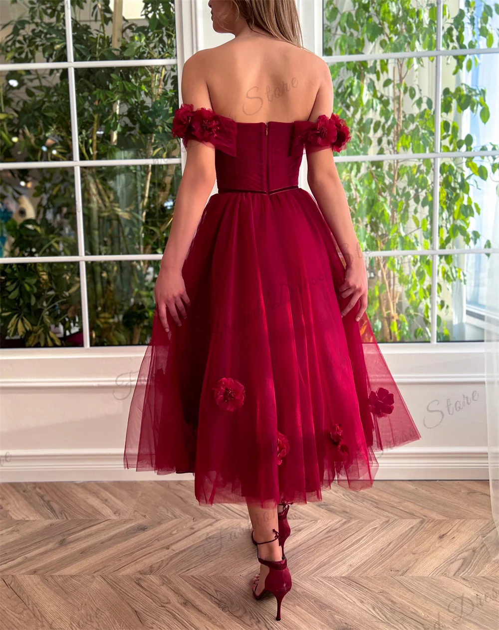 Tulle Off-the-shoulder Sweetheart 3D Flower Cocktail Dresses Corset Lace Appliques Homecoming Gowns A-Line Tea-length Prom Gowns