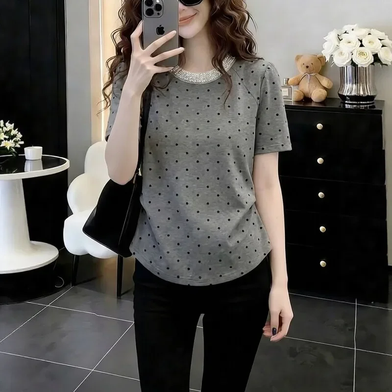 

Simple Polka Dot T-Shirt With Rhinestone Collar For Women Casual Loose Fit Office Wear Summer Style