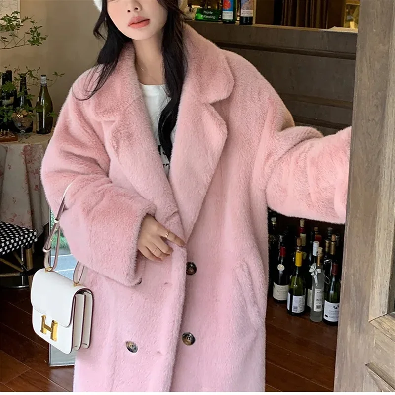 2023 Autumn And Winter Parka Long Thick Suit Collar Faux Mink Fur One Jacket Environmental Protection Fur Coat Female Outwear