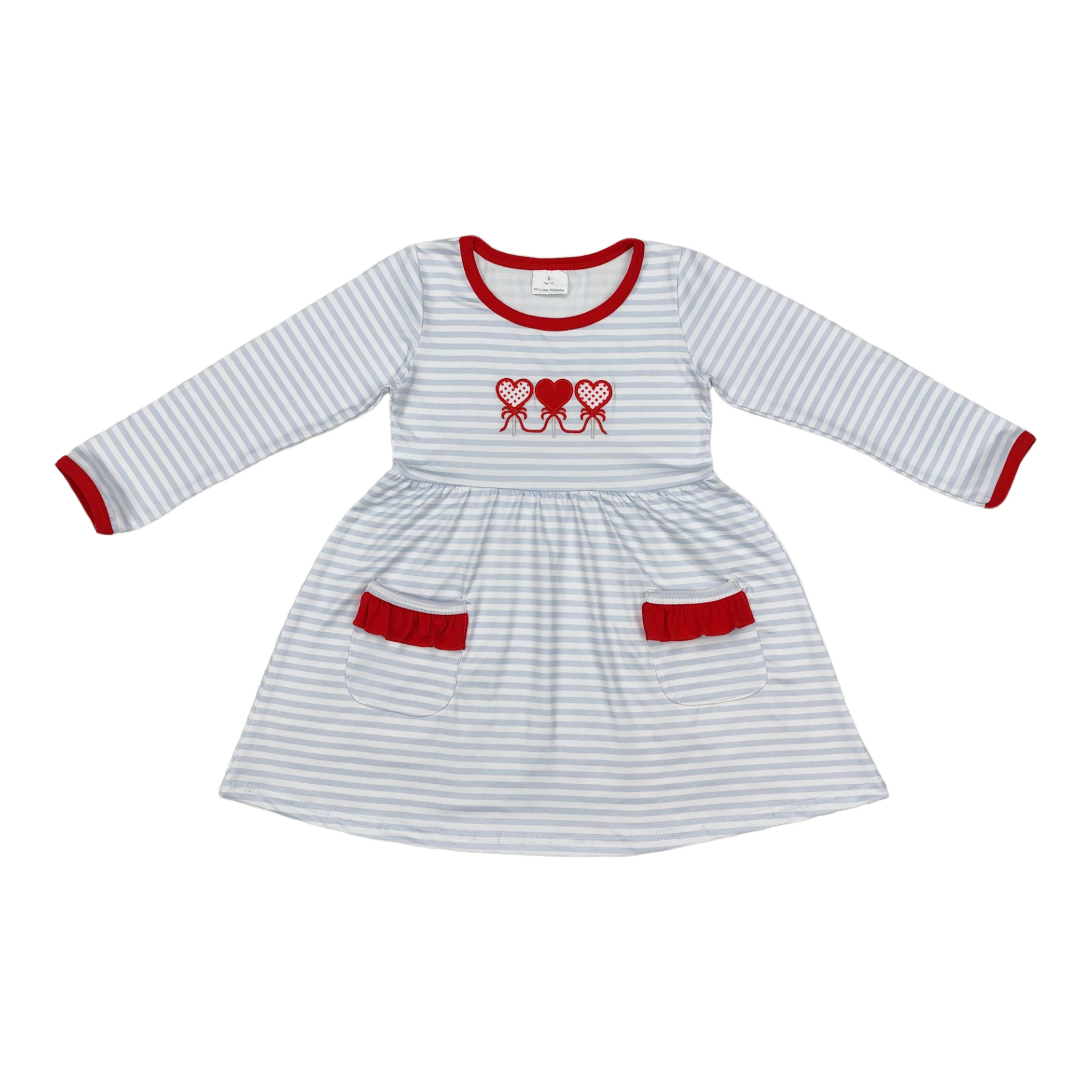 

Baby Girl Dress Valentine Clothes Kids Toddler Embroidery Children Long Sleeves Pocket Stripes Knee Length Dresses Wholesale