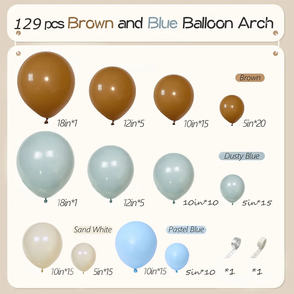 129Pcs Dusty Blue Brown and Sand White Balloons Arch Kit for Bear Baby Shower Gender Reveal Birthday Party Decor