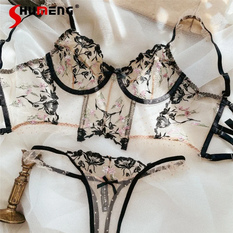 

French Style Sexy Lace Mesh Bra Suits for Women Embroidered Vest Style Lingerie Set Female Print Intimates Underwear for Date