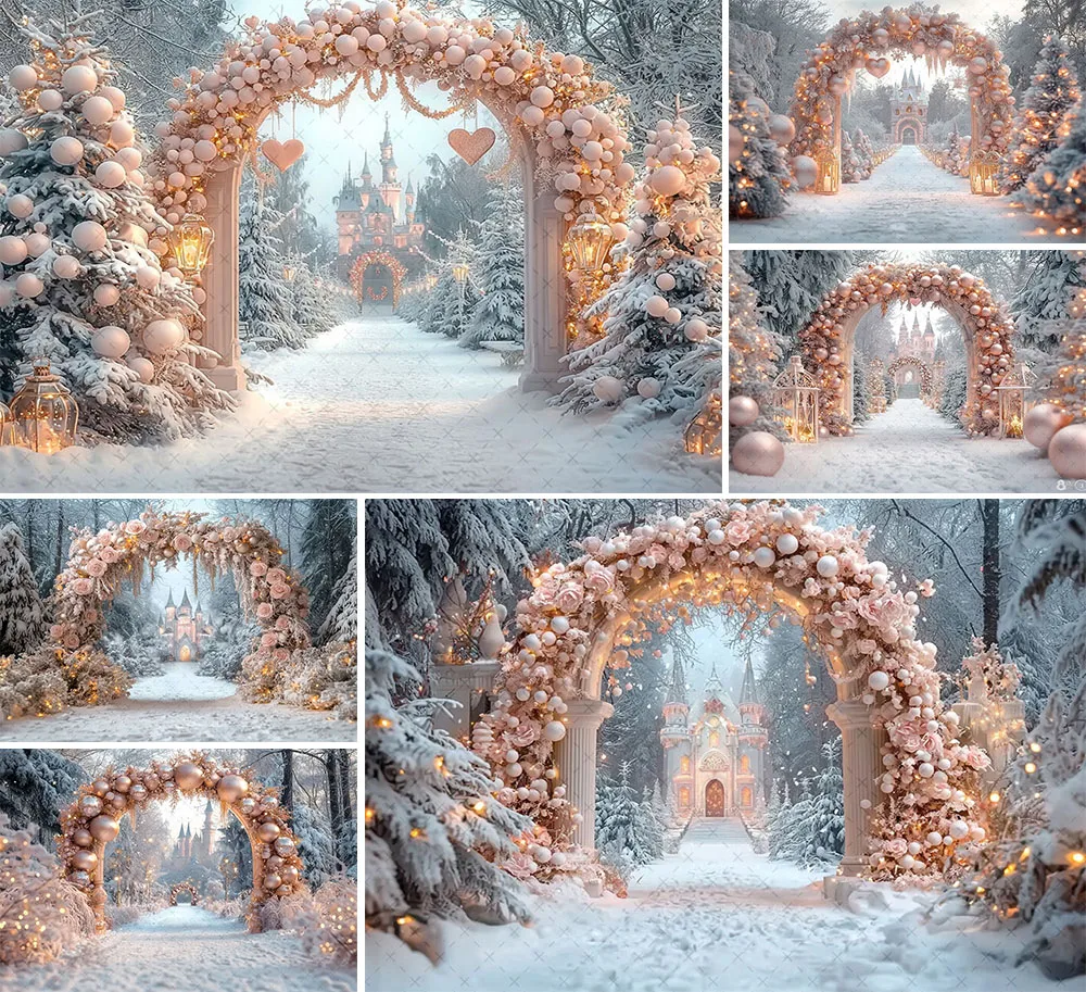 Mehofond Photography Background Christmas Wonderland Arch Snow Castle Xmas Tree Kids Family Portrait Decor Backdrop Photo Studio