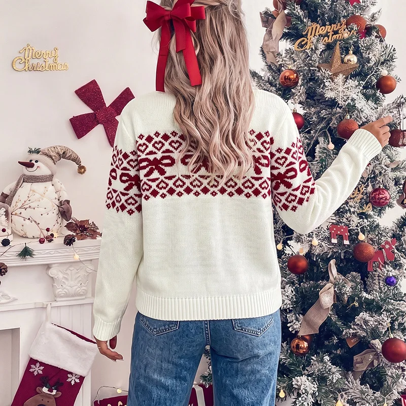 MsChuh Women's Sweaters And Pullovers Christmas Geometric Print Knit Sweater Crew Neck Long Sleeve Soft Casual Holiday Outfit 2