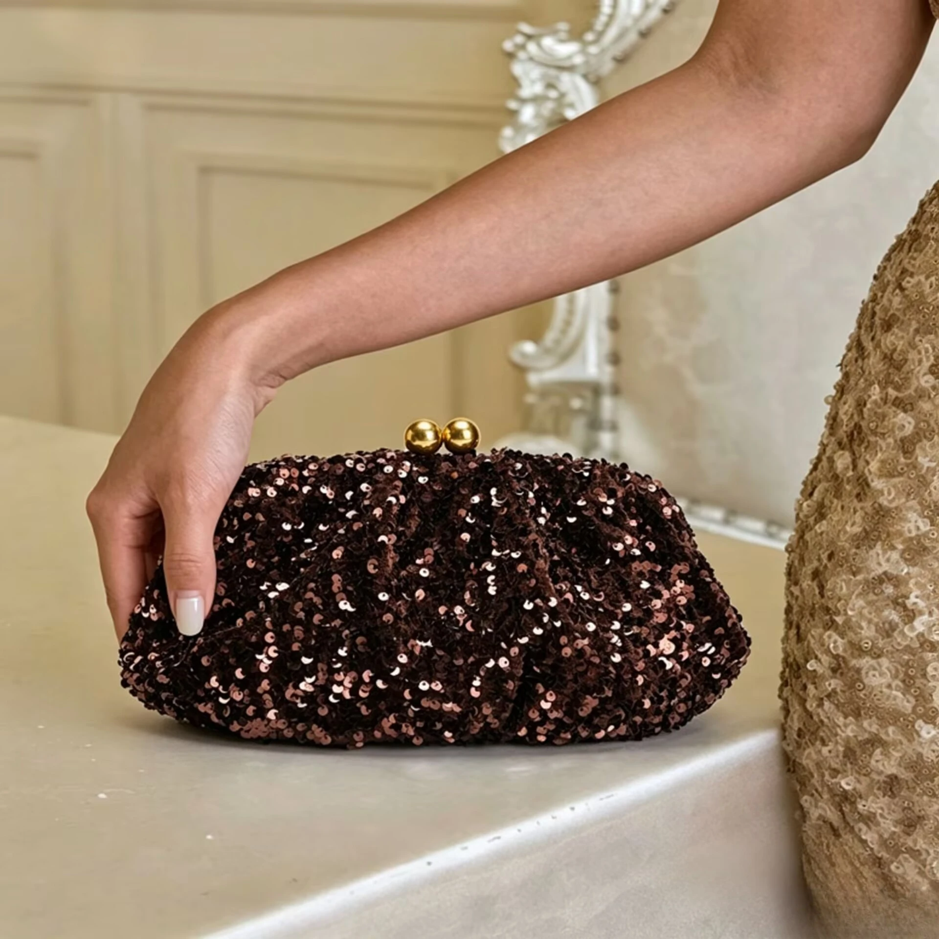 Retro Clip-On Sequin Diamond-Encrusted Evening Bag Women's Handbag Cross-Border Style Shoulder Strap Small Luxury Party Bag