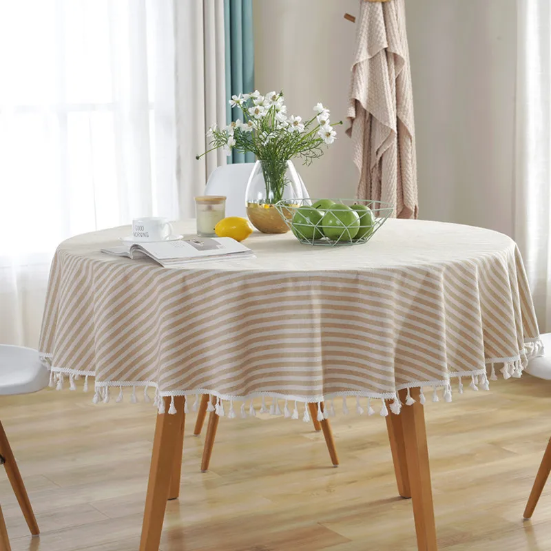 

Table Cloth Round Stripe with Tassel Linen Tablecloth Farmhouse Modern Style Home Decor Circular Table Cover Diameter 150cm