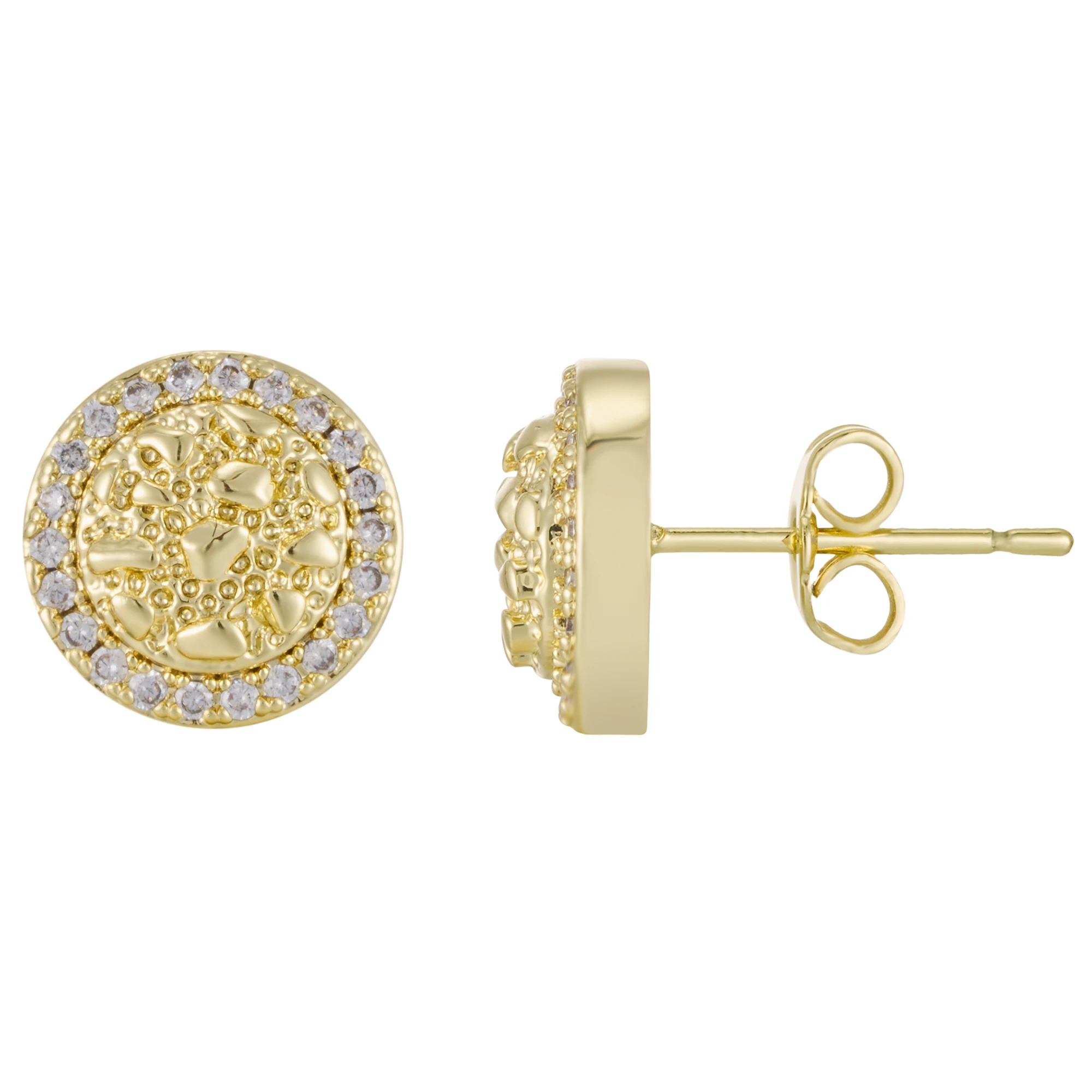 

Unisex Hip Hop round CZ Stud Earrings 14K Gold Plated Crystal Stone Cubic Zirconia Irregular Nugget Style for Men And Women