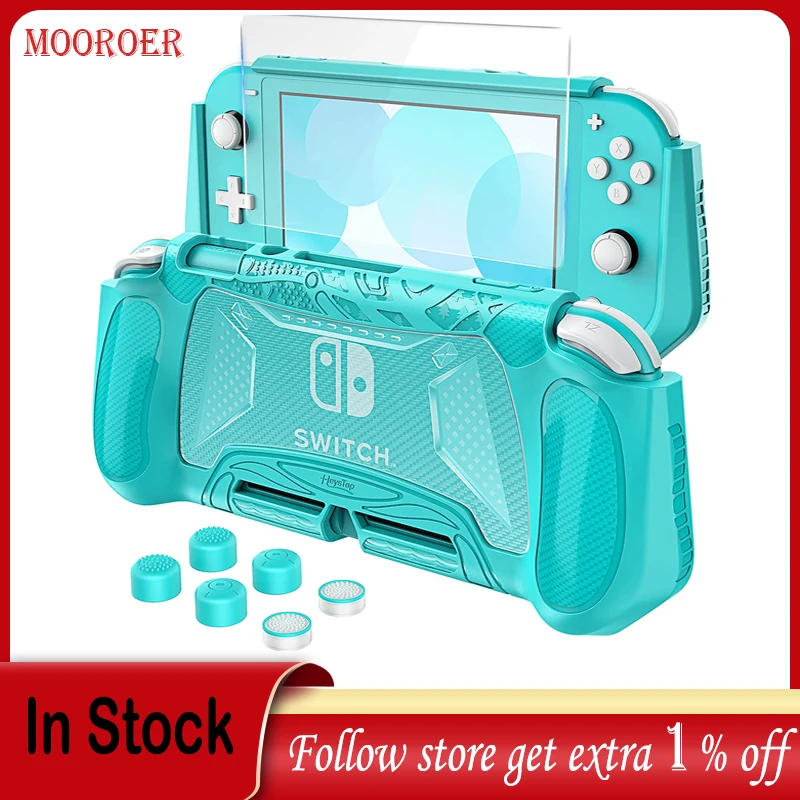 Mooroer Protective Case for Nintendo Switch Lite with Game Card Storage, Tempered Glass Screen Protector and 6 Thumb Grip