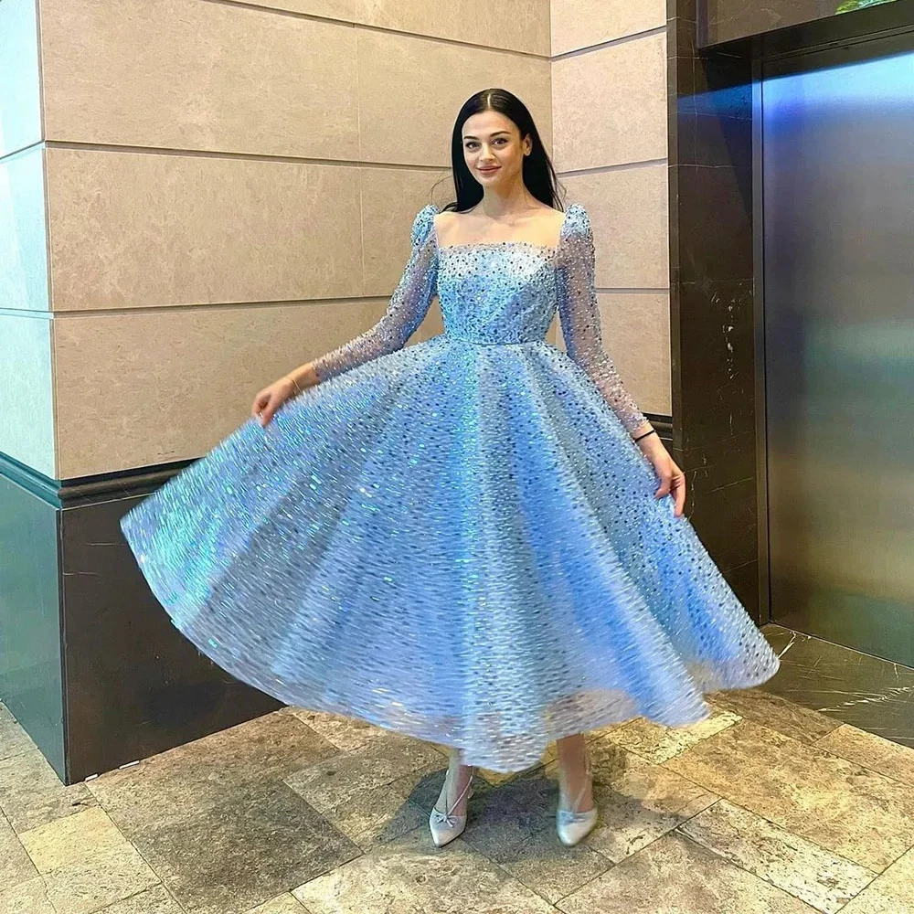 Customized Yipeisha 2024 Fashion High Quality Light Blue Tulle Evening Dress A-line Shiny Sequined Long Sleeves Wedding Party Dr