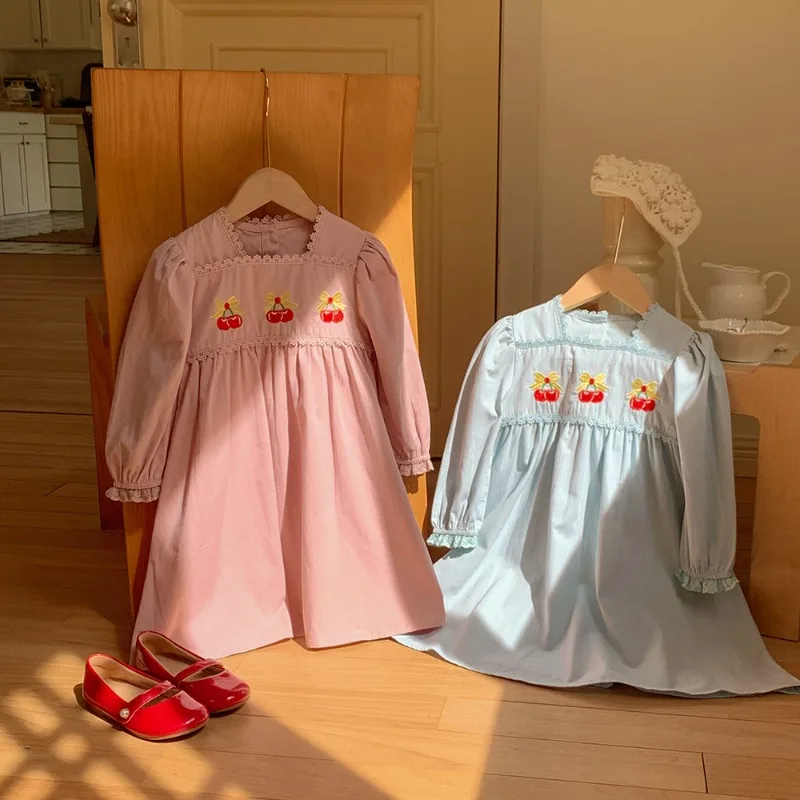 

Girls Dress 2025 Autumn Style Cherry Embroidered Sweet Lace Bubble Long Sleeved A-line Skirt Princess Style