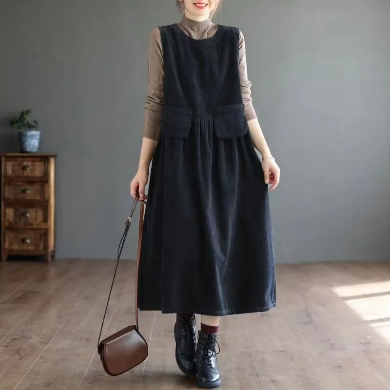 Ropa para mujer estilo japonés Vintage pana ropa de calle Y2K vestido Midi Otoño Invierno cuello redondo sólido sin mangas vestidos sueltos