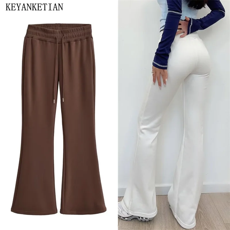 

KEYANKETIAN Autumn New Women's Lace Up Flare pants Stretch High Waist Slim Solid Leisure Long Trousers Female Pants Vintage