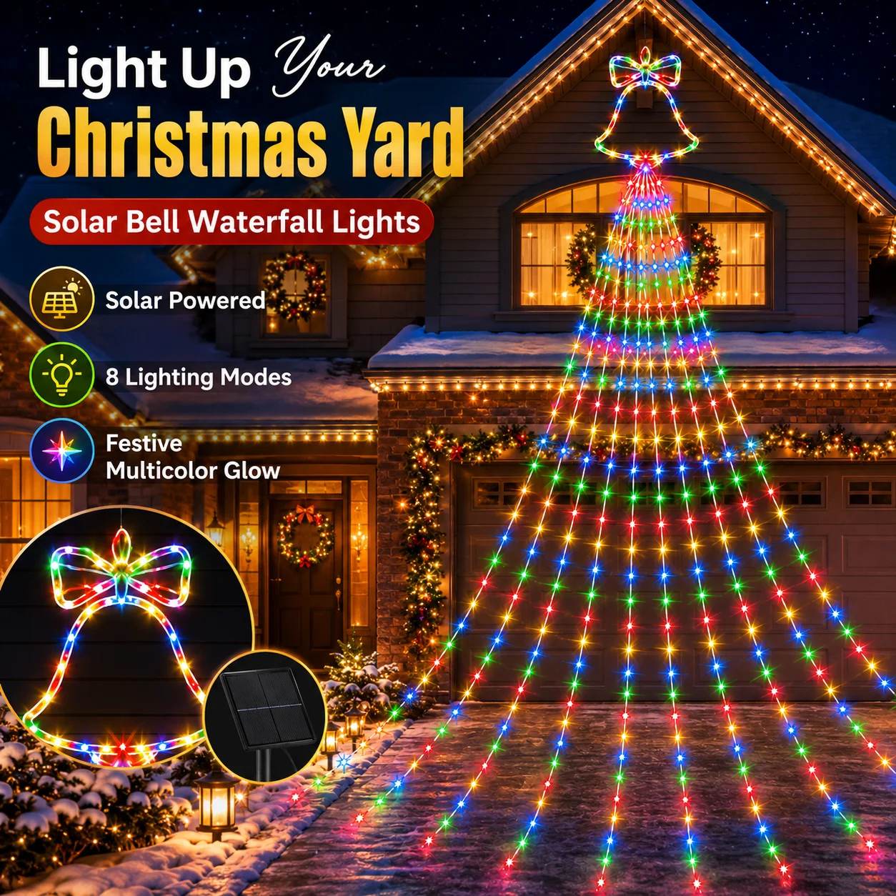 Solar Christmas Lights Bell Waterfall Curtain Lights Multicolor 200/290LED 8 Modes Auto On Outdoor Garden Yard Xmas Decor