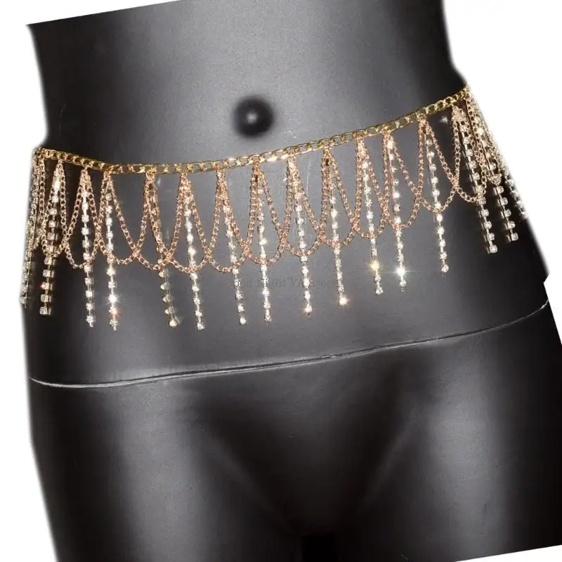 سلسلة بطن كريستال فاخرة متلألئة شرابات الخصر سلسلة مجوهرات الجسم لمناسبة خاصة زي المسرح فساتين السهرة
