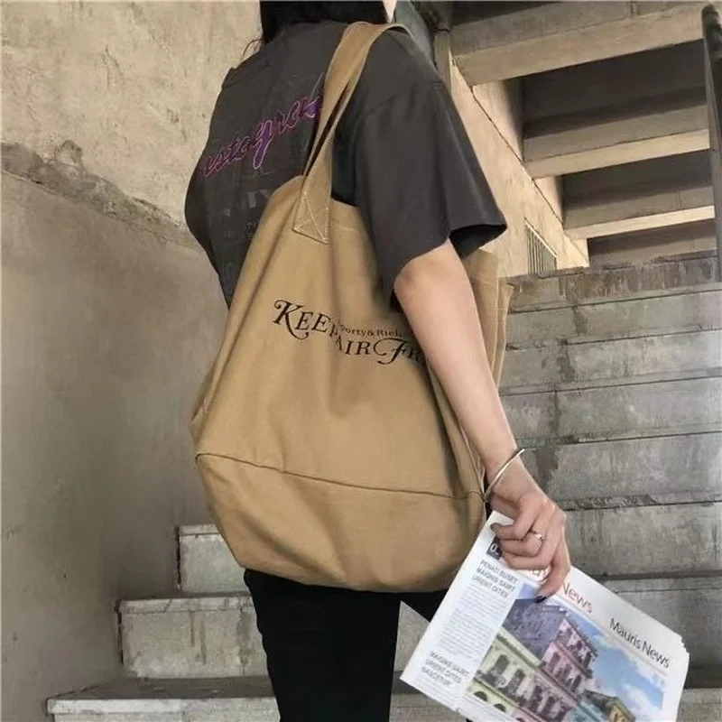 Women Vintage Letter Printed Shopping Bags Canvas Large Capacity Open Portable Shopper All-match Underarm Tote Mori-girl Stylish