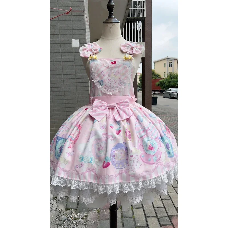 

Harajuku японский оригинальный комплект в стиле Лолиты с узлом в форме сердца и ремешком, розовый бант, костюм для чаепития для девочек, подарок на день рождения, кавайная одежда, весенняя одежда