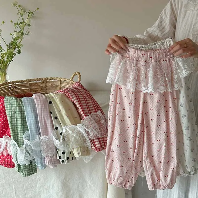 

Girls Thin Pants Children Bow Lace Trousers Summer Printing Polka Dot Wide Leg Pants 2025 New Kids Fashion Casual Sweatpants