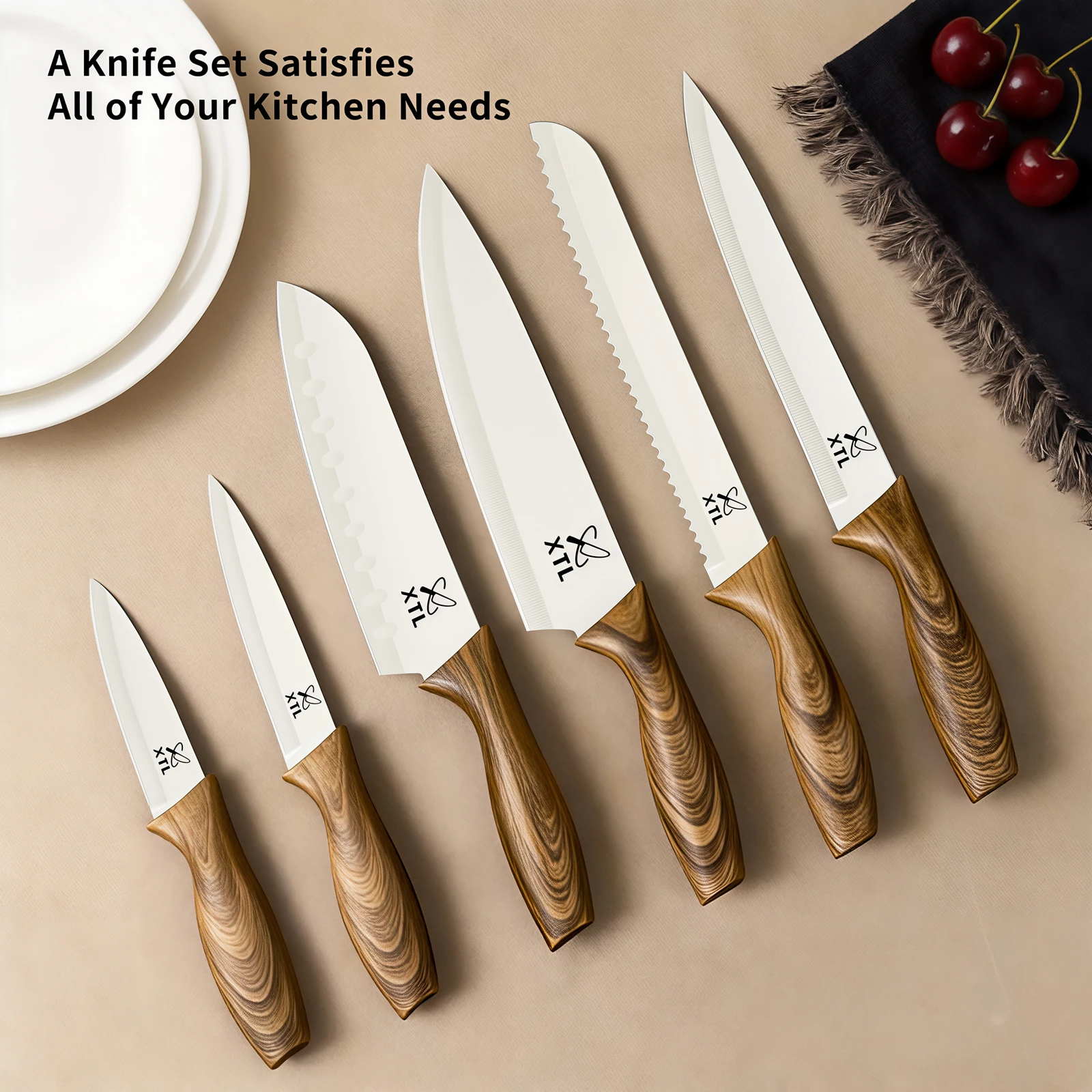 6-Pieces Kitchen Knives Set with Ceramic Coating Stainless Steel Chef Knife Sets with 6 Blade Guards with Wooden Handle Kitchen