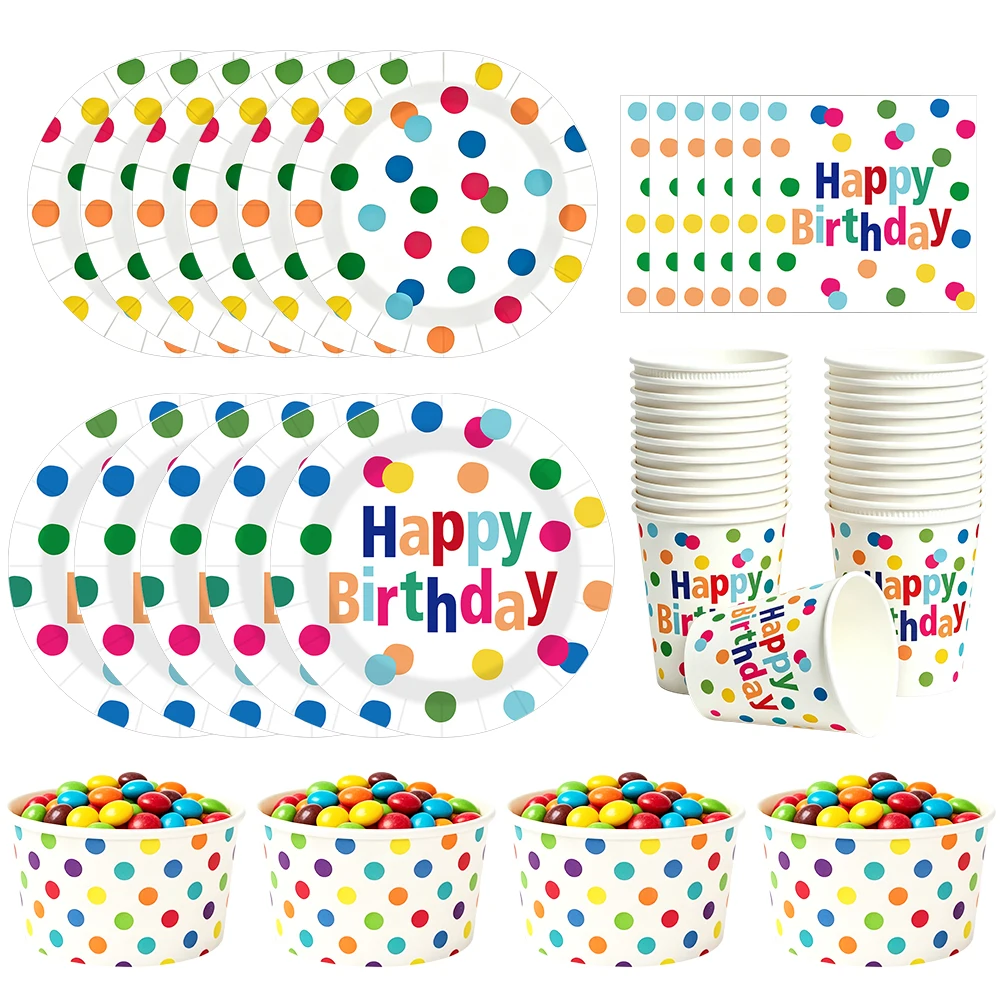 Buntes Polka-Dot-Geburtstagsgeschirr: Pappteller, Becher, Servietten, Dessertschalen für Geburtstags- und Babyparty-Dekorationen.