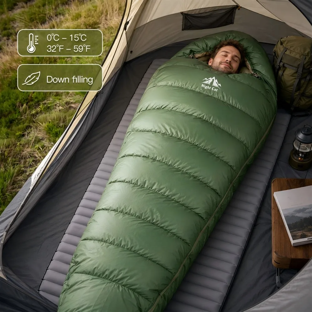 Night Cat Down Sleeping Bag: 600 Fill Power Duck Down 32-59 ℉ Backpacking Mummy Sleeping Bags Ultralight for Adults Outdoor Camping Hiking