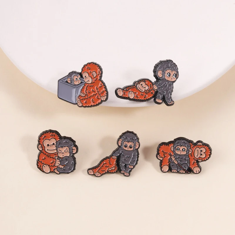 Protect Punch The Monkey Enamel Pins Cute Happiness Gorilla Couple Orange Chimpanzee Animal Brooches Lapel Badge Jewelry Gifts ﻿