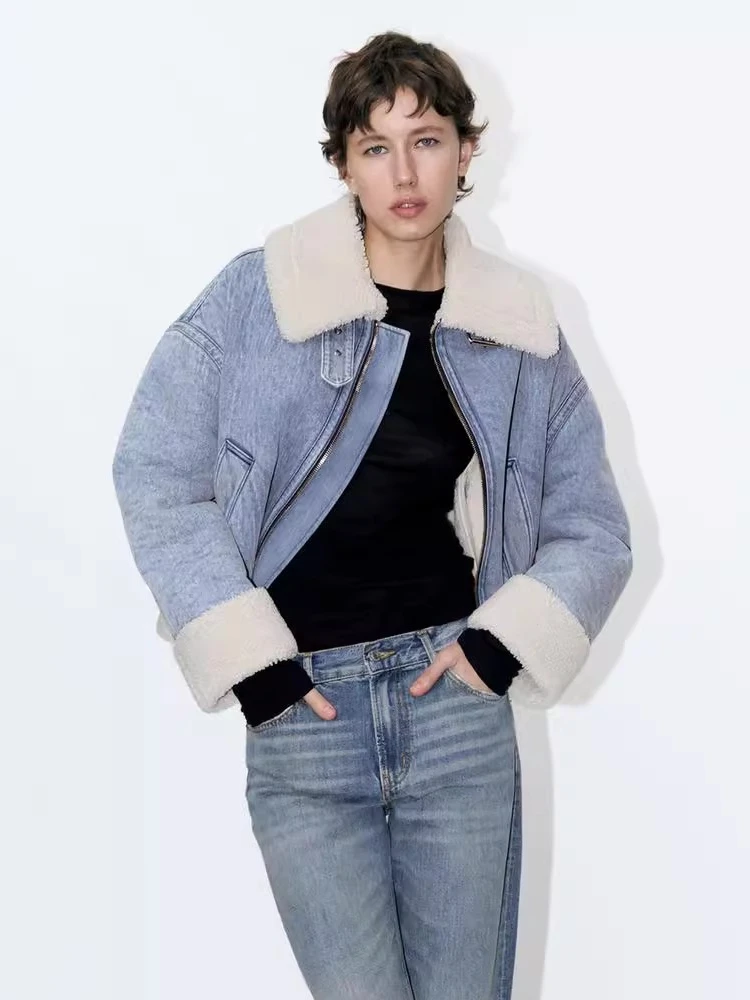 

Double-Sided Lamb Fur Waed Denim Jaet Stand Collar Women's Outerwear Winter 2024 Faion Casual Loose Fit Long Sve