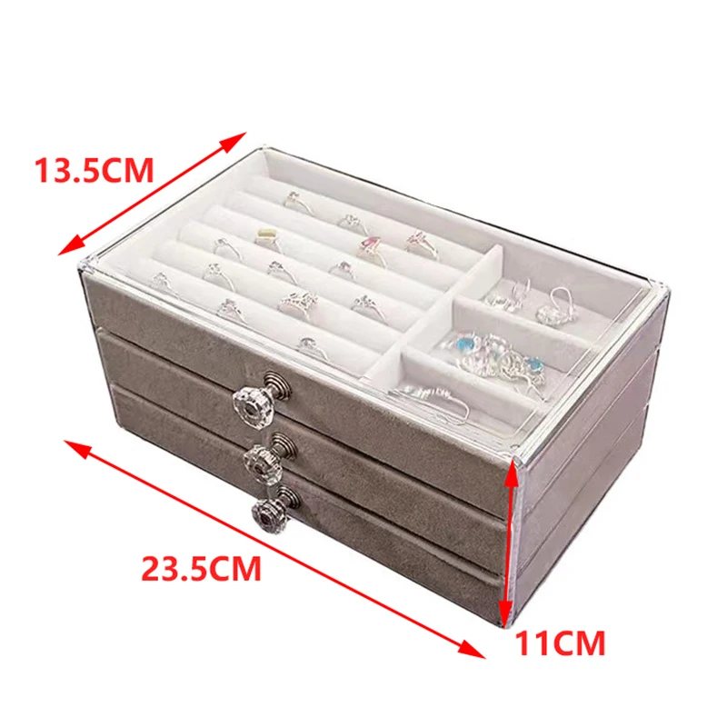 High-capacity Transparent Three-layer Flannel Jewelry Box Drawer Jewelry Box Earring Necklace Ring Dustproof Display Storage Box