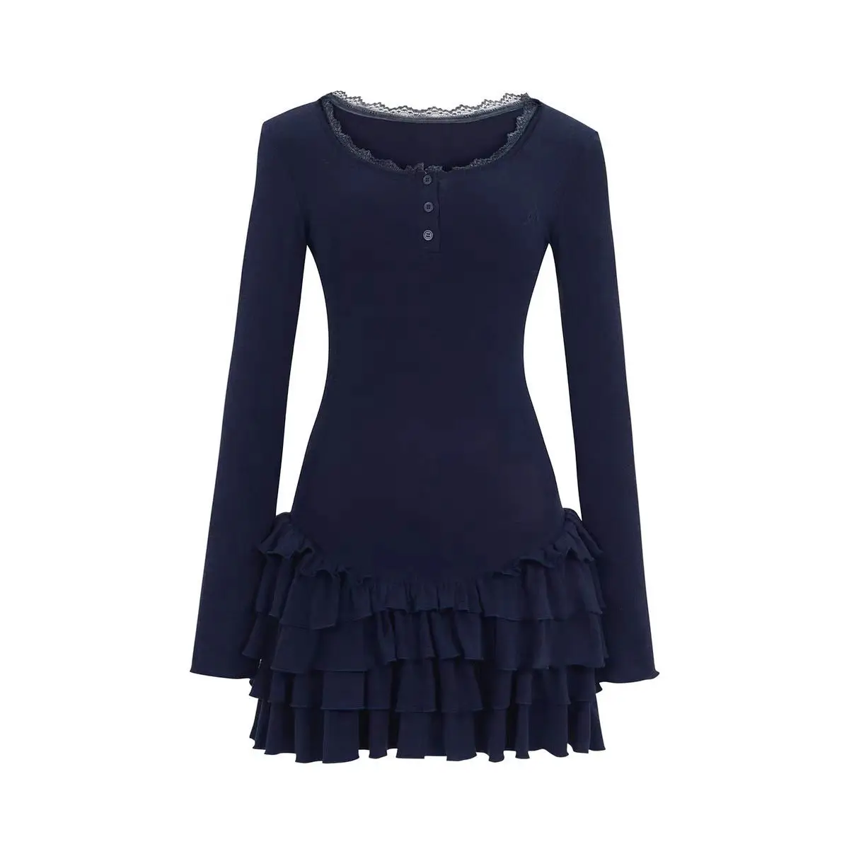Temperament ruffle leaf edge long-sleeved dress women's autumn and winter new versatile inner matching short skirt