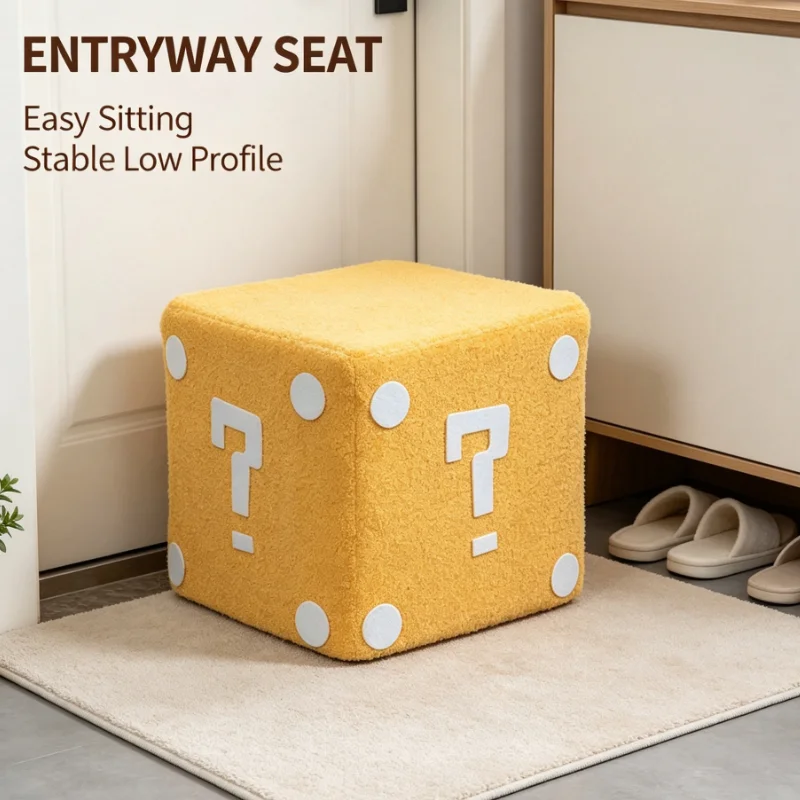 Cube Ottoman With Question Mark Design Yellow Plush Fabric For Living Room Bedroom Entryway Extra Seating And Footrest Solution