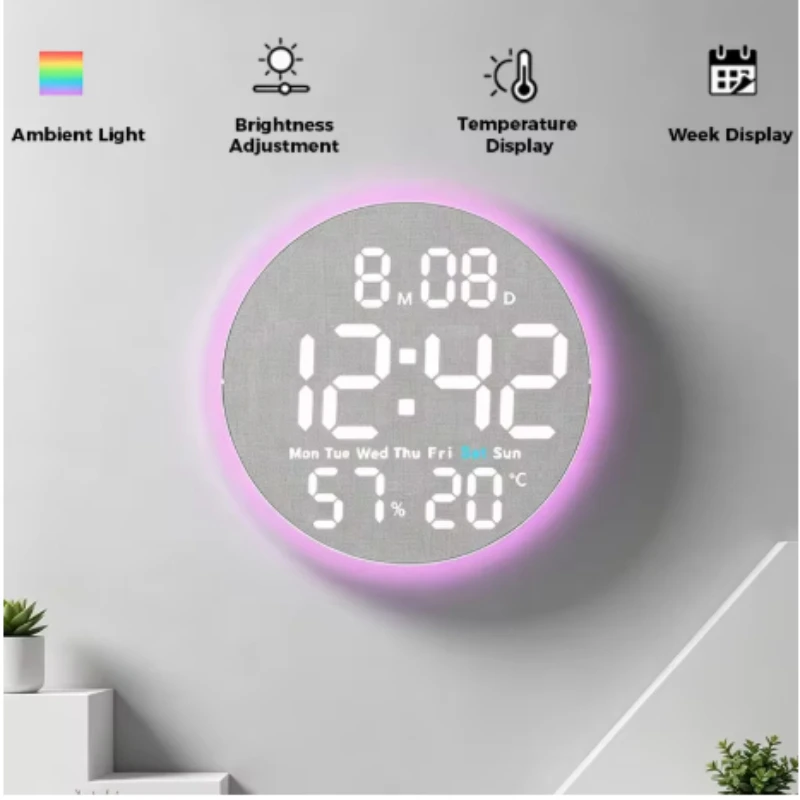 10 Inch Digital Wall Clock with Remote 9 Colors Mood Light Date TEMP Humidity Timing Auto Dimming Alarm Clock for Home Decor
