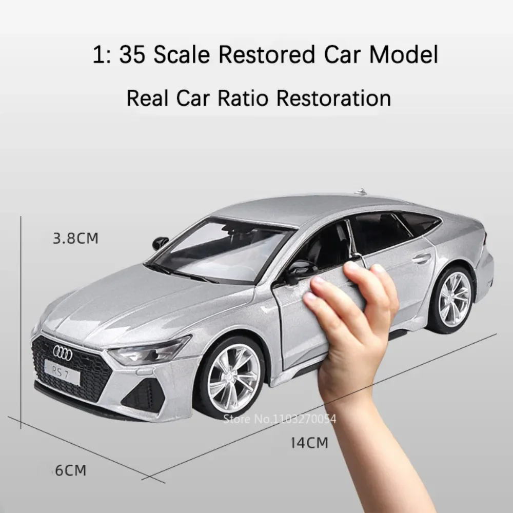 1:35 AUDI RS7 Model Car Toys Alloy Diecast Vehices Metal Body Rubber Tires Doors Opened Sound Light Pull Back Toy Gifts for Kids