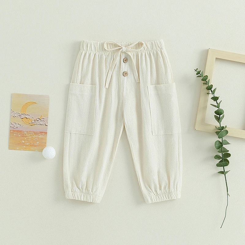 Cotton Linen Casual Baby Pants Toddler Boys Girls Casual Bottom Summer Autumn Solid Drawstring Button Children Pockets Trousers