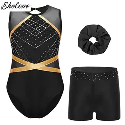 Kids Girls Ballet Gymnastics Leotard Sleeveless Keyhole Back Dance Bodysuit Shorts Headwear for Figure Skating Dance Performance