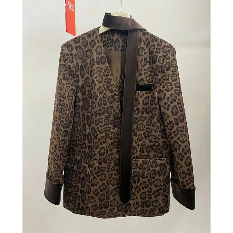 Women's Modern Wild Suede Leopard Print Long Sleeve Blazer Tops Loose Casual Retro Versatile Suit Jacket High Quality Coats
