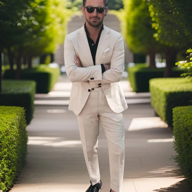 

Linen Wedding Suits for Men Slim Fit Groom Tuxedos Best Man Party Prom Fashion 2 Pcs Male Fashion Costume 2024 (Jacket + Pants)