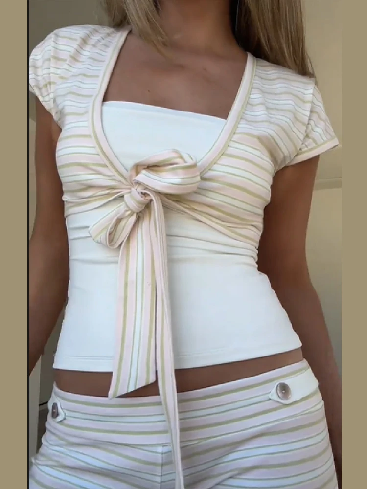 

French Style Striped Co-ord Set Trendy Tie Front Crop Top High Quality Wide Leg Pants 2026 New Lady Casual High Street Outfit