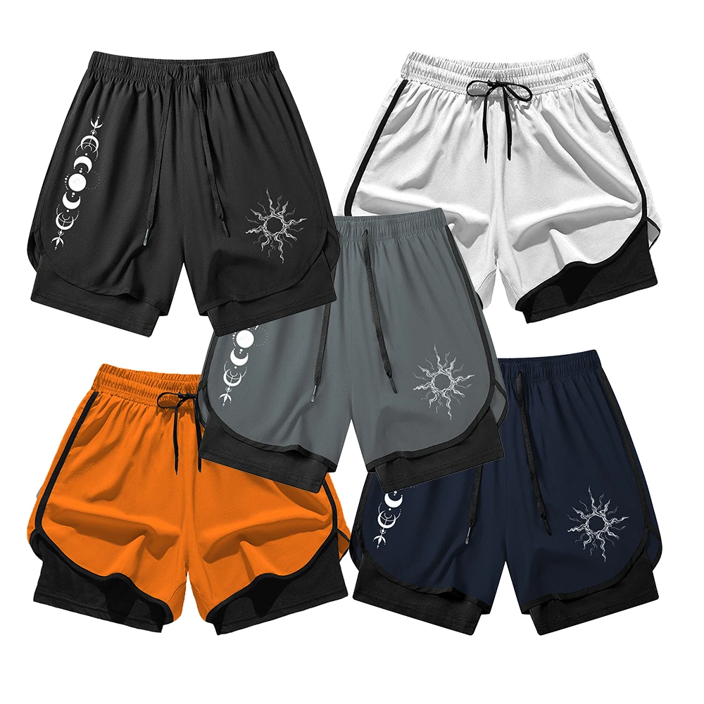 

Men's Outdoor Running Shorts with Phone Pocket & Towel Loop Summer Athletic Gym Workout Quick Dry Short Pants "Sun Moon" print