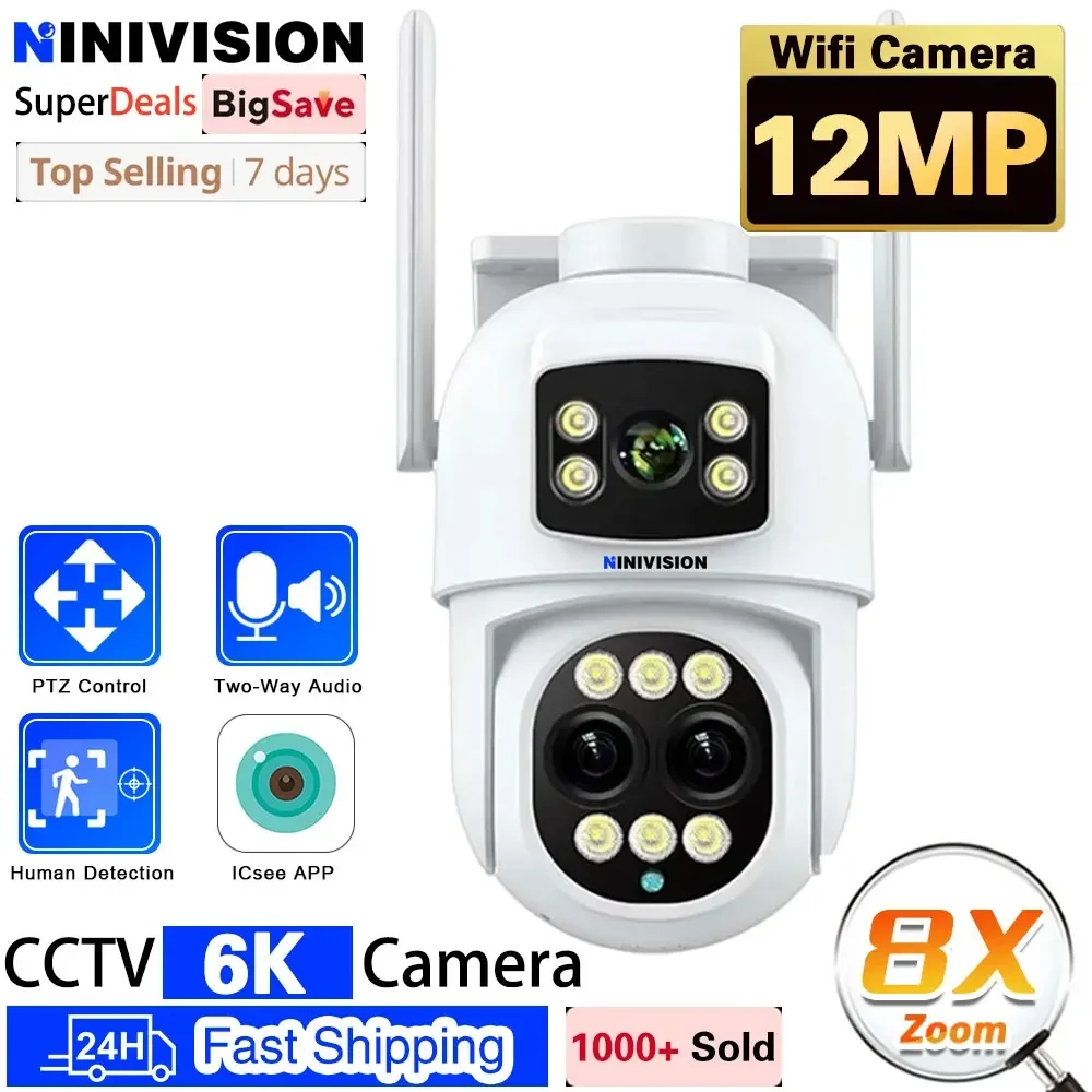 

IP Camera 6K 12MP HD WiFi Outdoor Camera 8x Zoom Three Lens Dual Screen Home Security PTZ Camera 6MP Video Surveillance iCSee