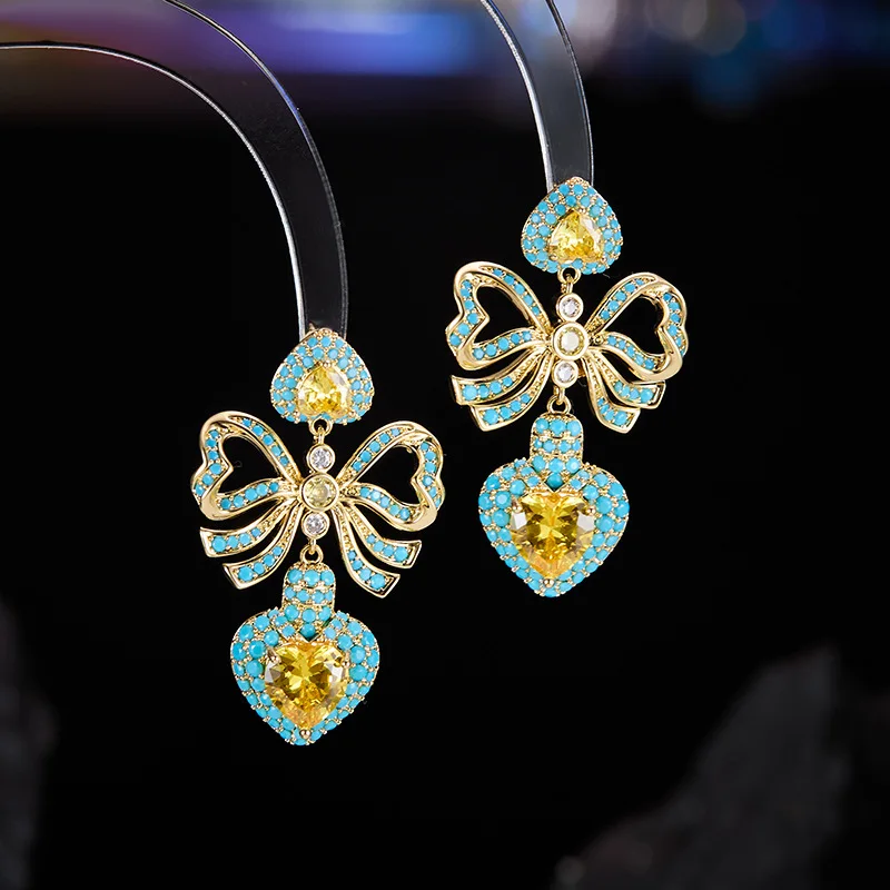 Retro Bow Blue and Pink Zirconium Water Droplet Earrings Light Luxury Chinese Style Temperament Banquet Accessories for Women