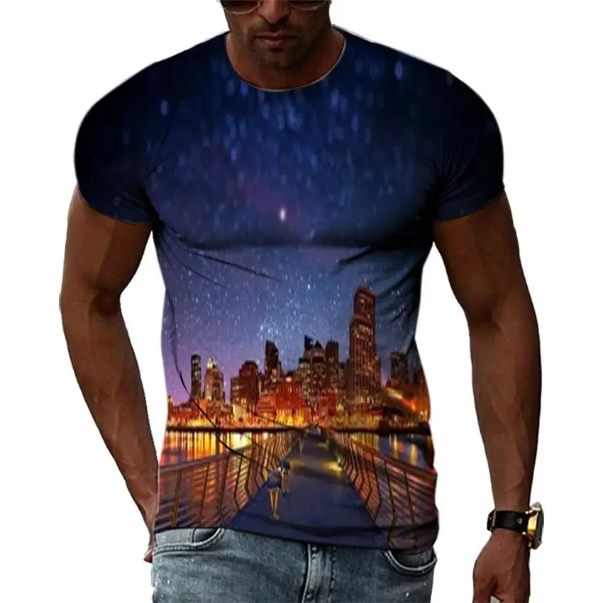 New Summer Men Street Night Scene Fashion Personality 3d Printed Pattern T-Shirt Casual Trend Large Size O Collar Short Sleeve