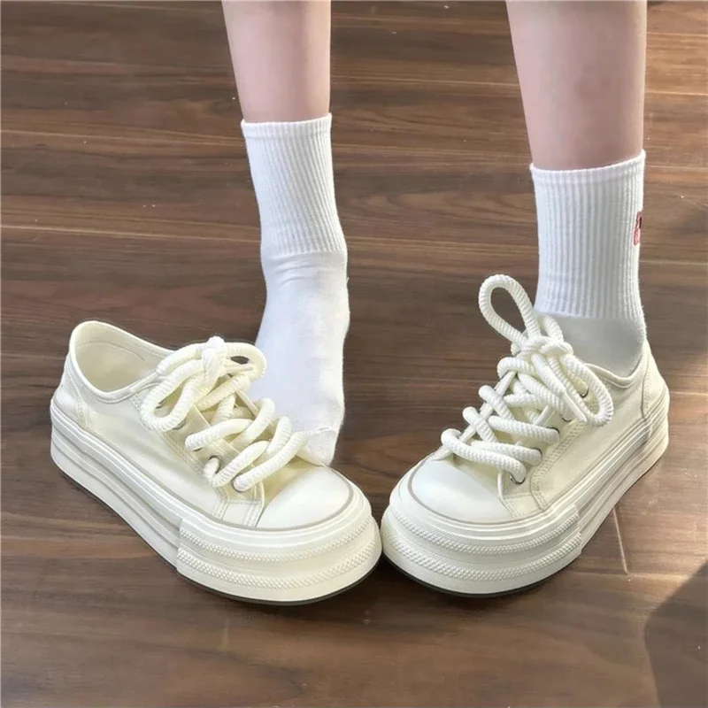 

Lightweight Cream Thick Sole Canvas Sneakers for Women 2025 Summer Ins Trendy Breathable White Footwear​