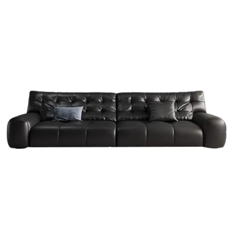 

Leather sofa modern light luxury living room small apartment straight row black first layer cowhide sofa
