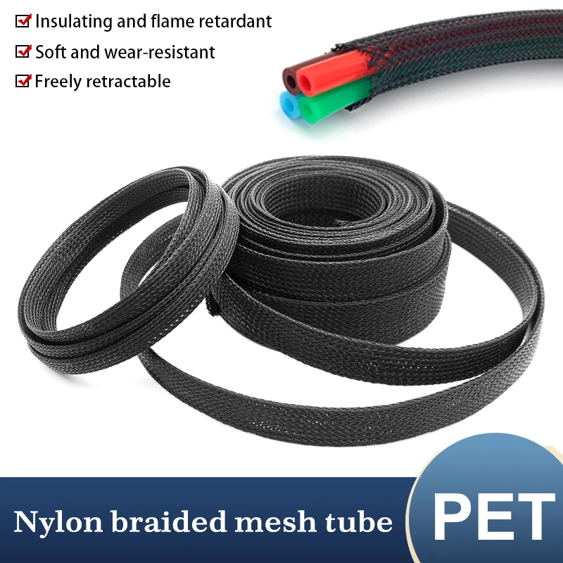 25~100mm PET Insulation Elastic Woven Wire Mesh Black Encrypted Flame Retardant Woven Wire Nylon Computer Wire Telescopic Sleeve