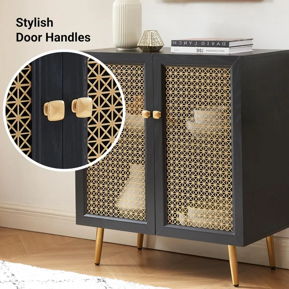 بوفيه خزانة جانبية للتخزين باللون الأسود مع أبواب شبكية معدنية، وخزانة وحدة تحكم متعددة الوظائف لغرفة المعيشة، وتناول الطعام