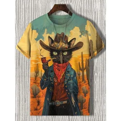 Funny Vacation Cowboy Cat Pattern T Shirt For Men Summer Cute Animal 3D Printed Tees Casual Short Sleeve Tops Street Clothes