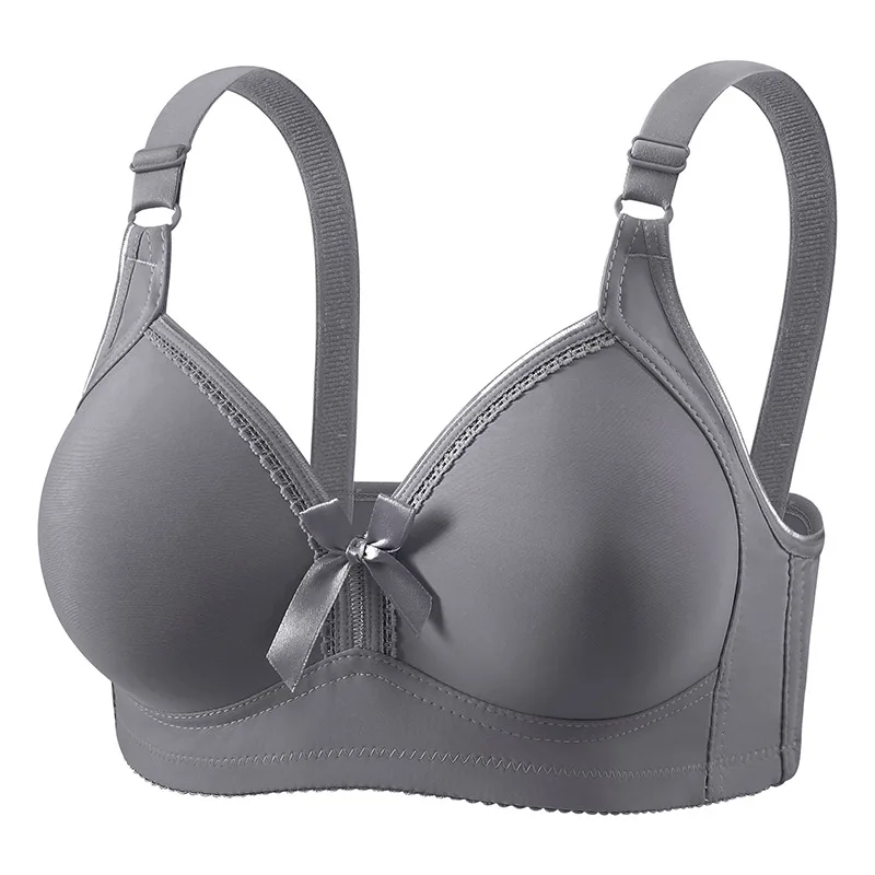 Ribbon Bow Lady's Bra Thin Molded Cup Middle-Aged Elderly Women's Brassiere Underwear Three-Row Button Solid Color Girls' Bra