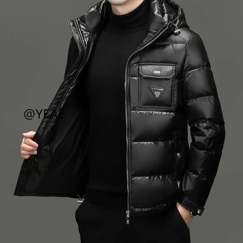 YEAE Chaqueta corta brillante con relleno de plumón de pato, ropa de diseñador, saco informal para hombre, abrigo frío para hombre, chaqueta de invierno para hombre